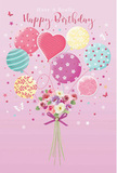 This illustrated birthday card feels like a tiny celebration drifting over Tooting Bec, its design centred around a pastel bouquet that appears to be carried skyward by a cluster of cheerful balloons. The background is a gentle, powdery pink that sets a calm, uplifting tone. From the top of the image, balloons in soft tones of blush, seafoam, lemon, and lilac float upward, each one painted with a lively motif: some are wrapped in candy-coloured stripes, others are scattered with festive polka dots, and at the centre a heart-shaped balloon radiates quiet affection. Their ribbons trail down to meet a compact bouquet at the base, where delicate roses and anemone-like blooms nestle together. The flowers are rendered in creamy ivory, blush pink, and muted mauve, with petals that look almost velvety to the touch, as if freshly arranged by a florist preparing a birthday surprise for a home near Tooting Bec Common or along Balham High Road. The stems are tied neatly with a violet satin bow, the ribbon catching the light to suggest a subtle sheen. Around the bouquet and balloons, tiny stars and dainty butterflies appear to flutter, adding a touch of storybook charm and giving the card a sense of movement and gentle excitement. The overall lighting is soft yet bright enough to highlight the rounded shine of the balloons and the natural, petal-like shading of the flowers. This artwork captures the mood of a birthday meant to feel light, sweet, and unforgettable, echoing the warmth and community spirit that runs through the streets of Tooting Bec.